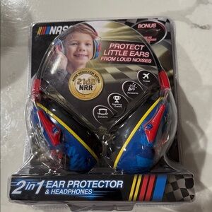 Nascar Kids 2-in-1 Ear Protectors & Headphones - Blue, Red, Yellow